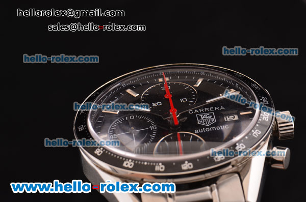 Tag Heuer Carrera Chronograph Swiss Valjoux 7750-DD Automatic Steel Case with Black Dial Black Bezel and Silver Stick Markers - Click Image to Close